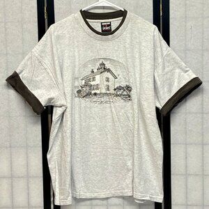 Vintage Yaquina Bay Lighthouse Tee Shirt Signal Sports Coastal Graphic Grey M